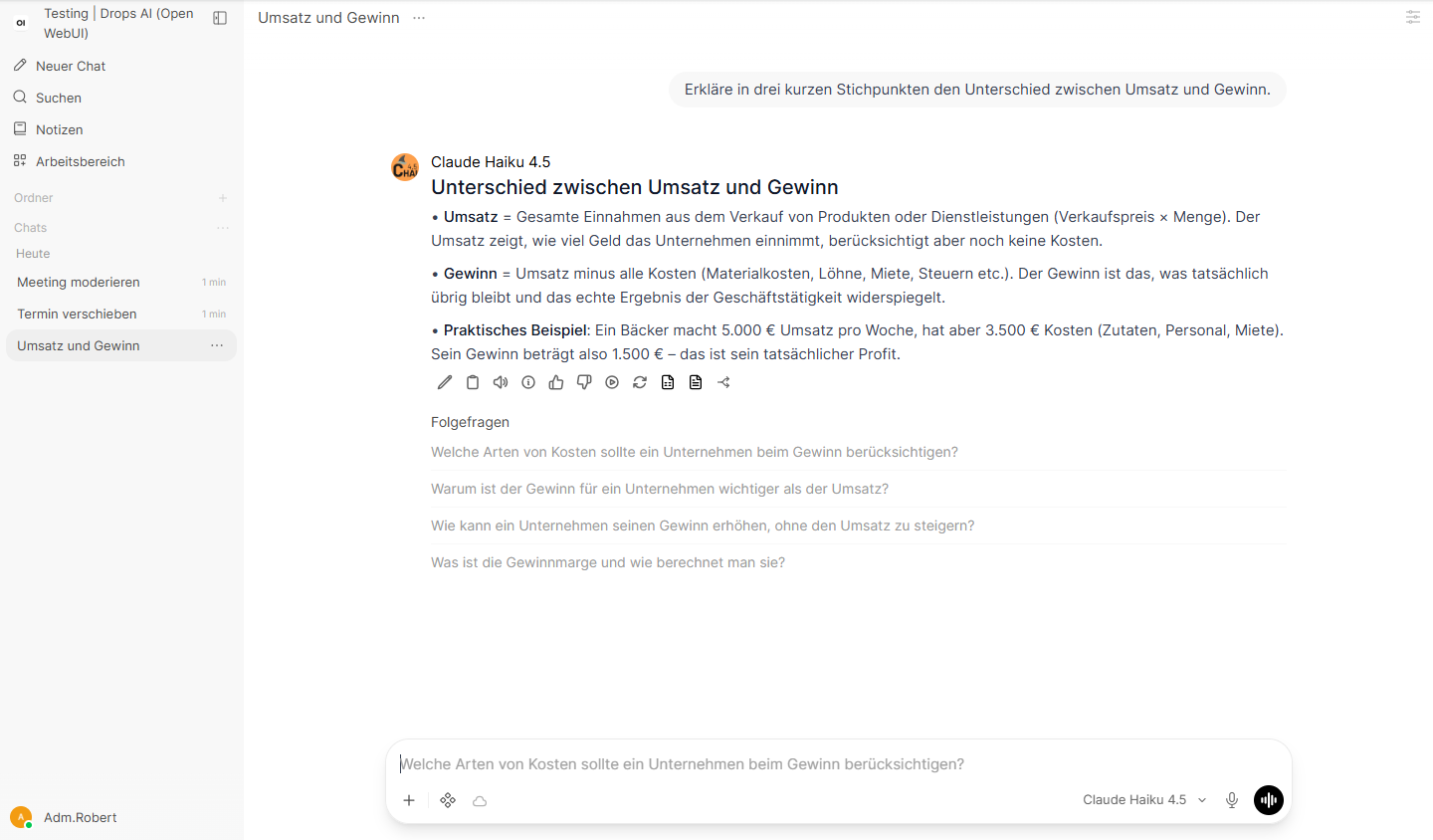 Ein Chat mit Frage rechts oben, der Antwort des Modells und vorgeschlagenen Folgefragen darunter