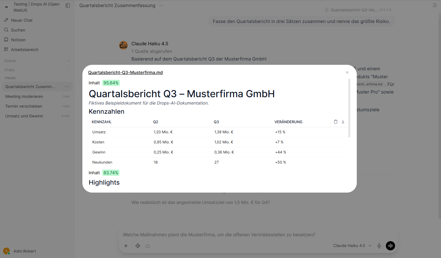 Die Quellenansicht mit den gefundenen Abschnitten aus dem Dokument und ihrer Relevanz in Prozent