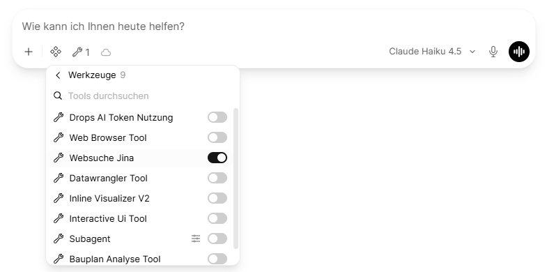Die Werkzeugliste mit eingeschalteter Websuche, in der Eingabezeile erscheint der Zähler 1