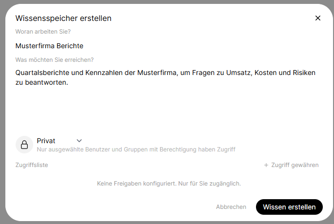 Das Formular Wissensspeicher erstellen mit Name, Beschreibung und Zugriffseinstellung